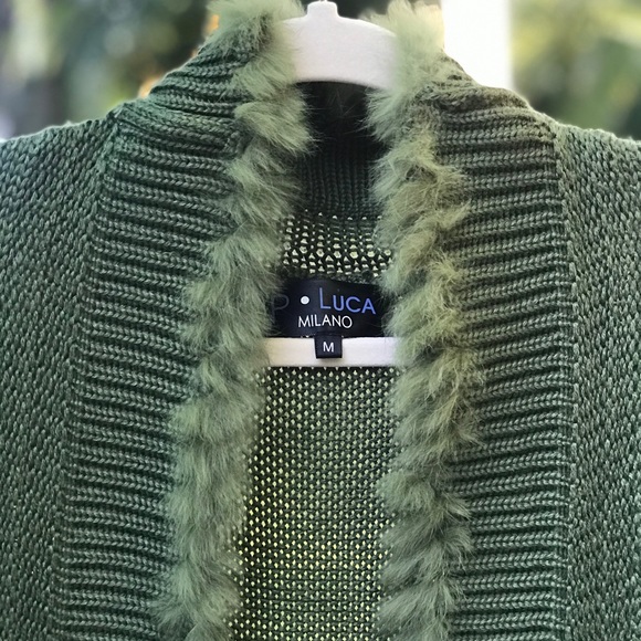 Cardigan Vest Green with Fur Trim - Picture 2 of 8